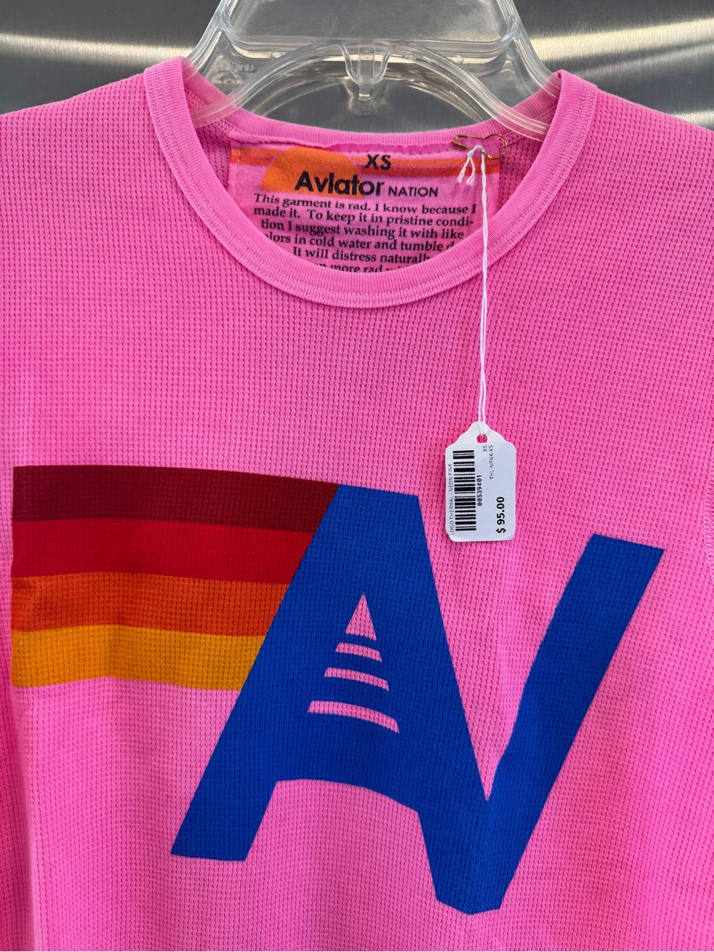 NWT Aviator Nation Waffle Thermal Shirt with Classic AV Logo Neon Pink Unisex